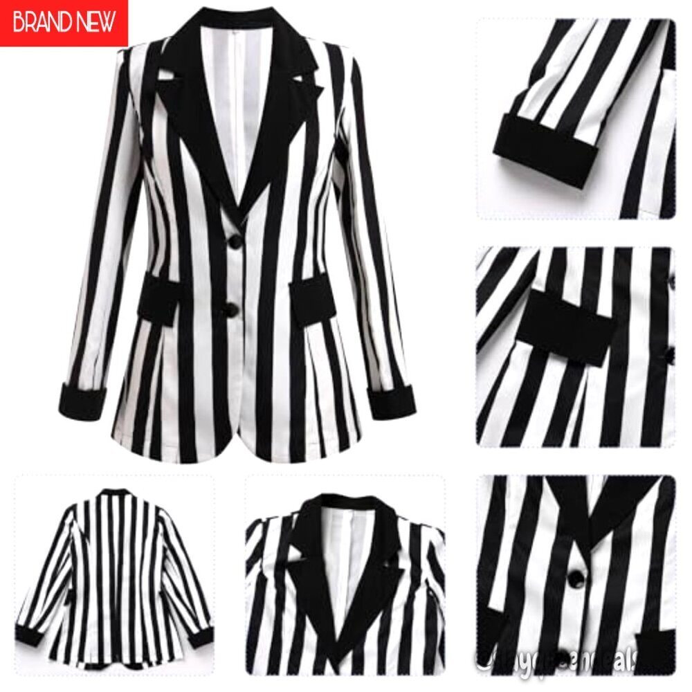 Striped Blazer Suit Long Sleeve Open Front Cardigan Halloween Cosplay Outfit - Picture 6 of 8